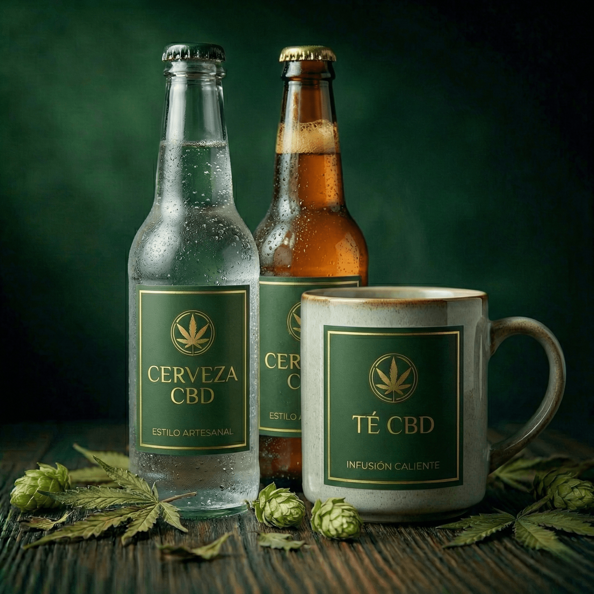 Botellas de Cerveza Artesanal con CBD, con lúpulo y cannabis, bebida relajante.
