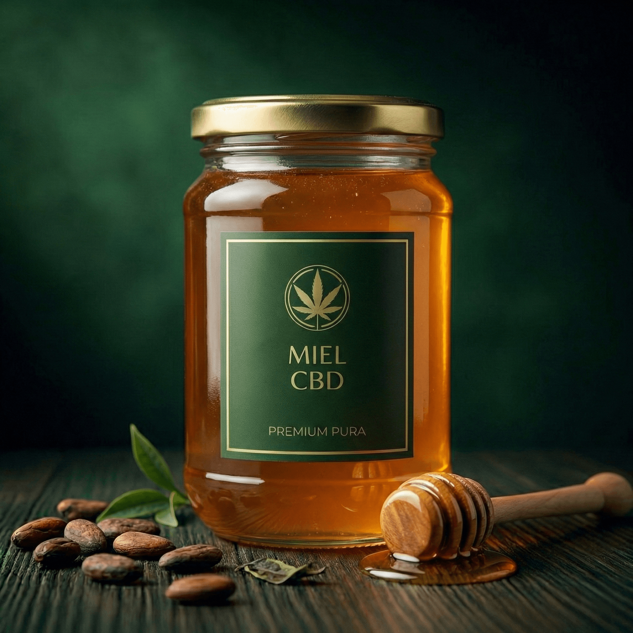 Frasco de Miel de CBD pura, endulzante natural medicinal sobre fondo oscuro.